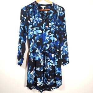 Lila Rose Blue Black Floral Long Sleeve Dress with Tie Waist Sz 2